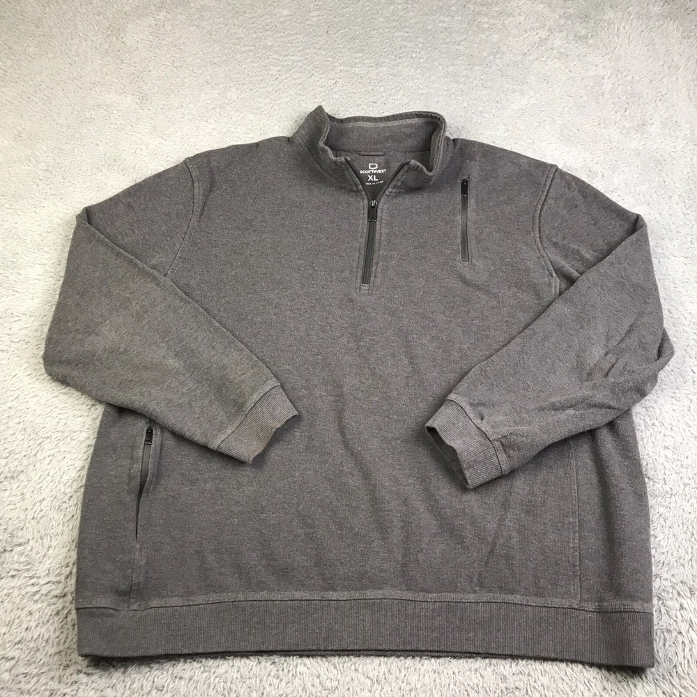 SCOTTeVest Sweater Mens XL Gray 1/4 Zip Cotton Pullover Pockets Jacket